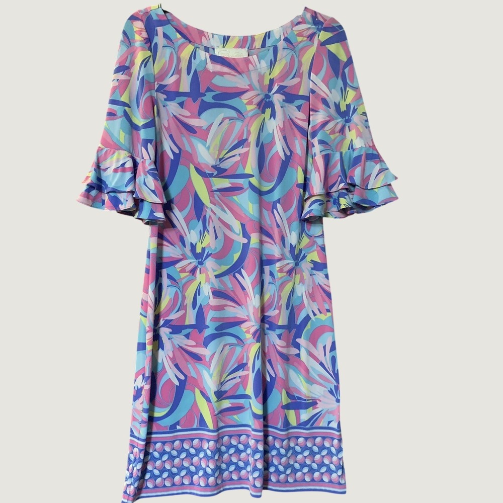 Pappagallo Shift Dress Small Pink Blue Abstract Floral Ruffle Bell Sleeve Preppy